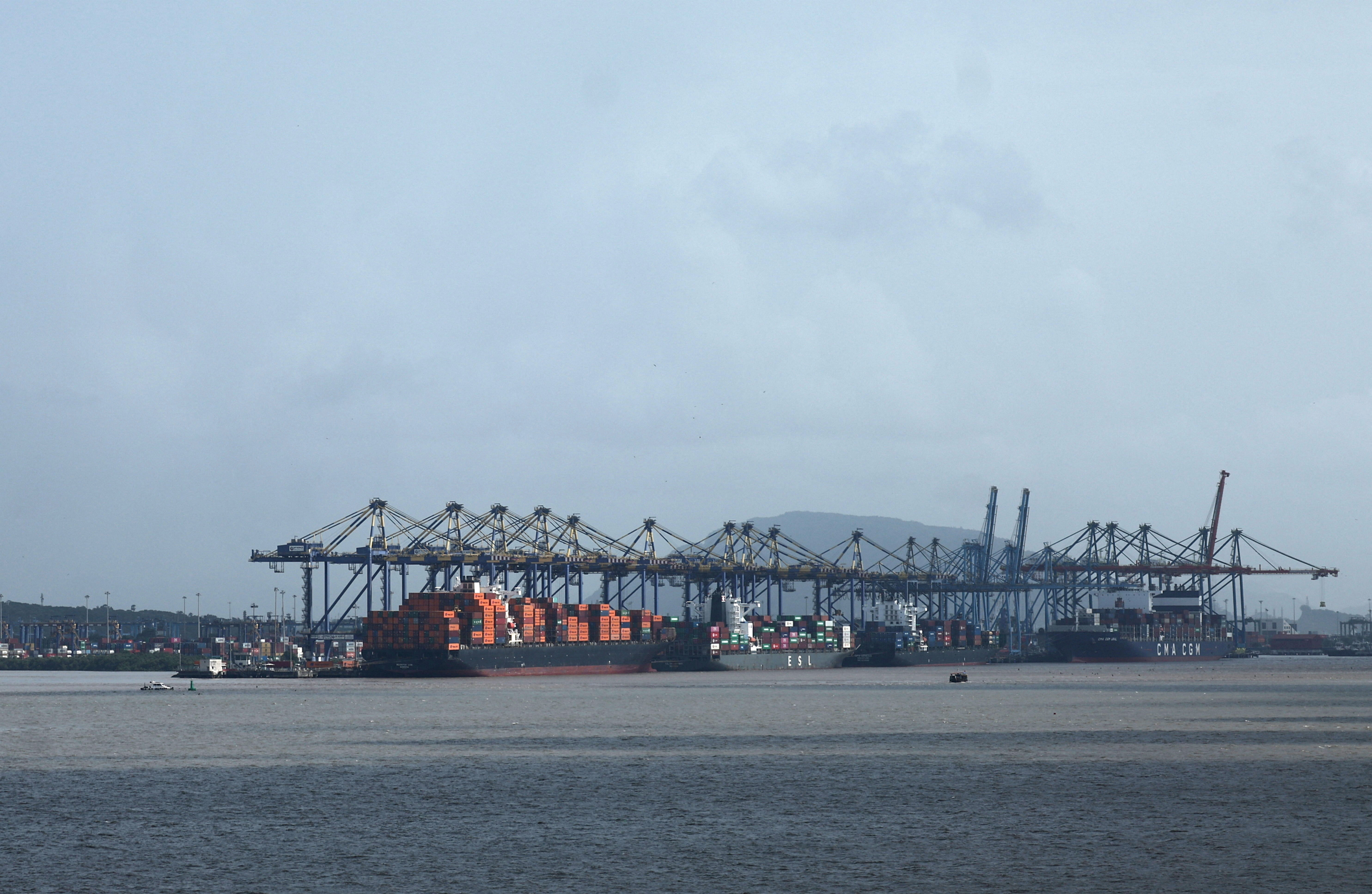 Shipping containers are seen on a ship at the Jawaharlal Nehru Port in Navi Mumbai