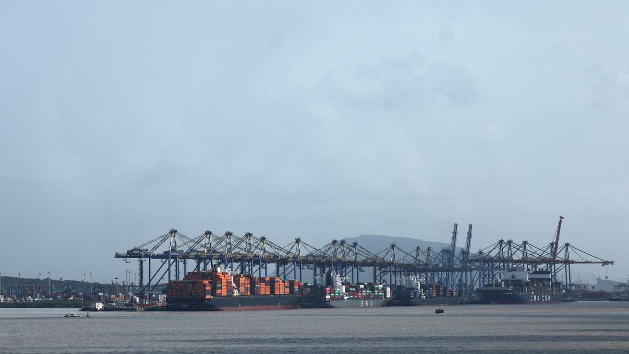Shipping containers are seen on a ship at the Jawaharlal Nehru Port in Navi Mumbai