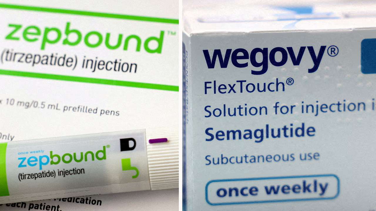 FILE PHOTO: A combination image shows an injection pen of Zepbound, Eli Lilly's weight loss drug, and boxes of Wegovy, made by Novo Nordisk