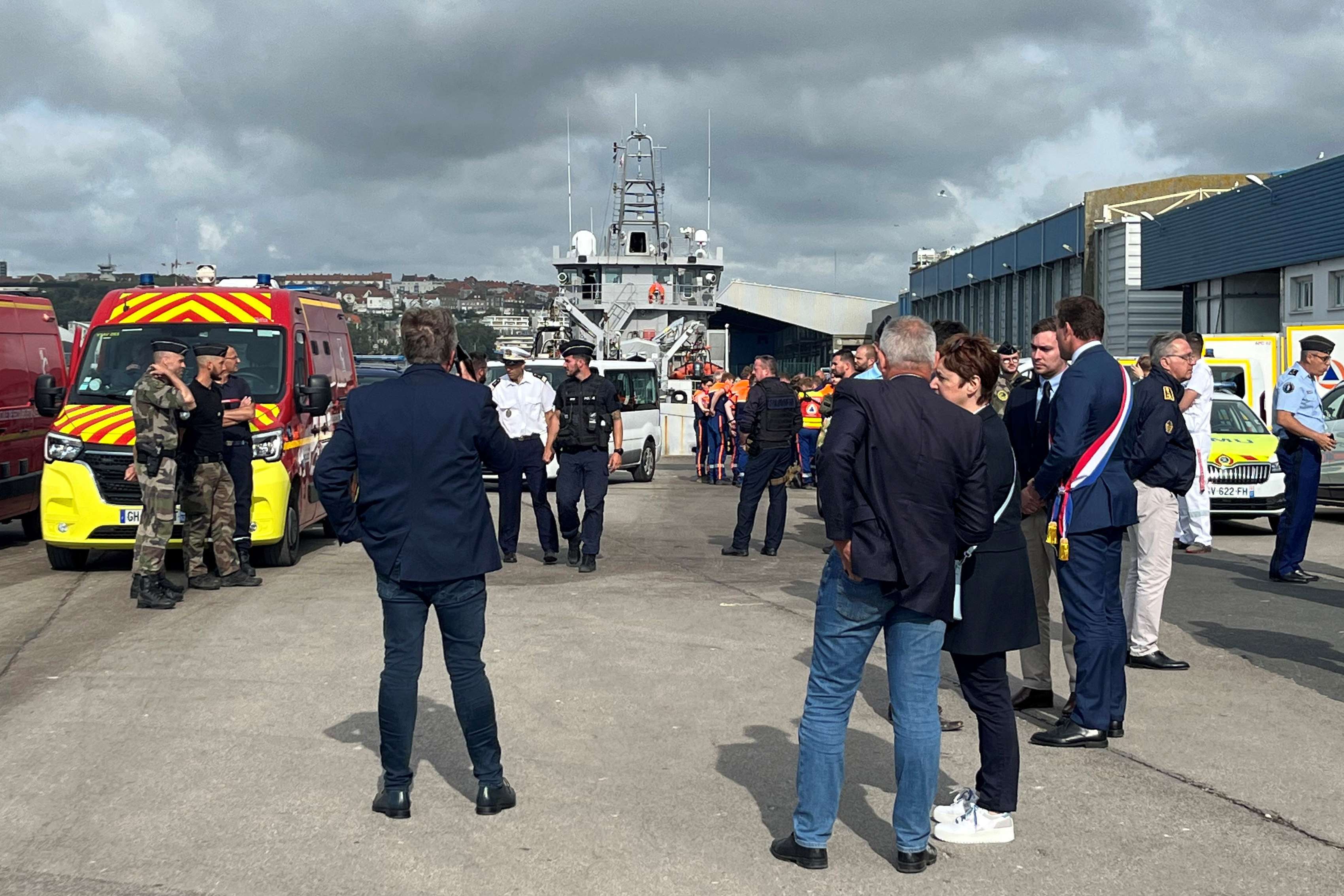 French rescue forces are seen in the port of Boulogne-sur-Mer