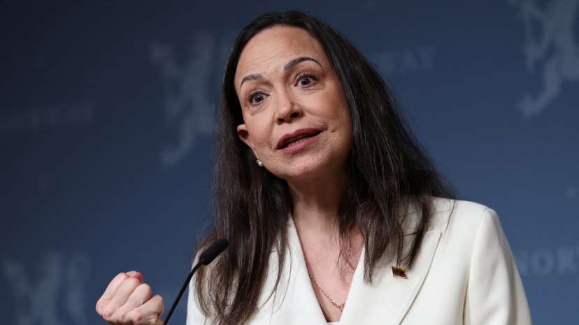 Nobel Peace Prize laureate and Venezuelan opposition leader Maria Corina Machado speaks during a press conference in Oslo