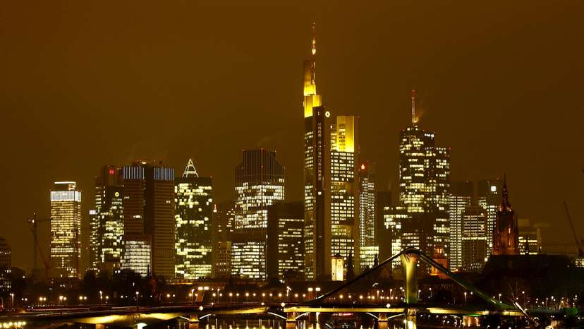 FILE PHOTO: The famous skyline with its banking district is pictured in early evening next to the Main River in Frankfurt, Germany