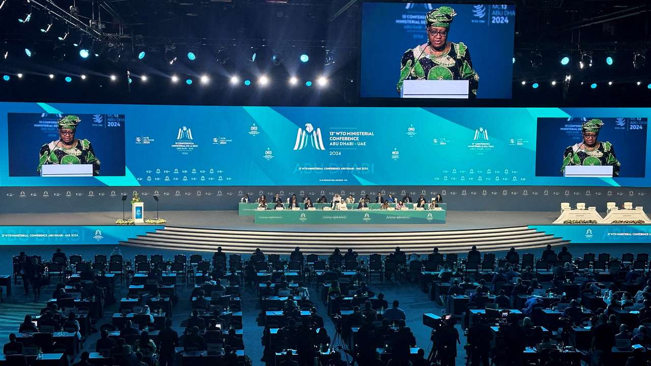 FILE PHOTO: Director-General of the World Trade Organization Ngozi Okonjo-Iweala speaks during the opening ceremony of the WTO ministerial meeting in Abu Dhabi
