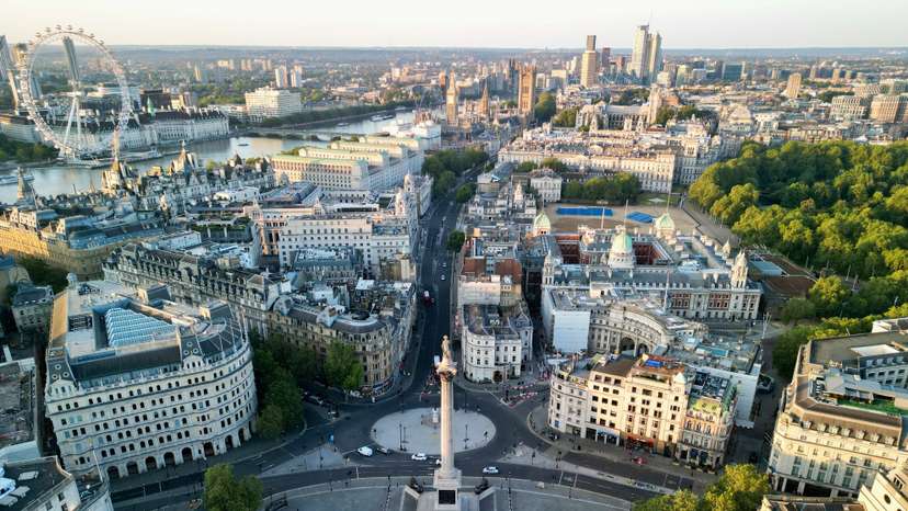 A drone view of London's skyline after daybreak