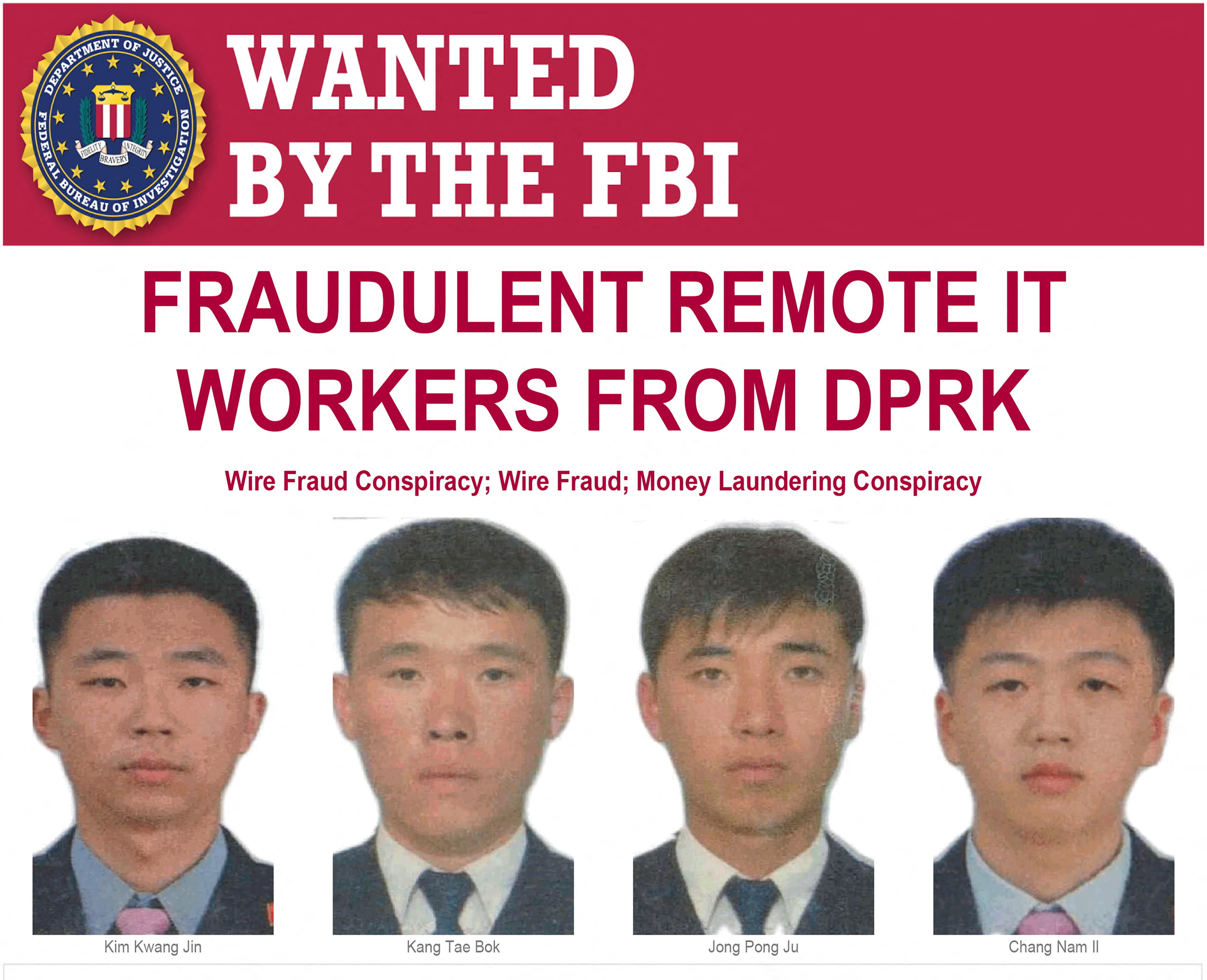 Four North Korean nationals who have been charged in a five-count wire fraud and money laundering indictment, are seen on an FBI wanted poster