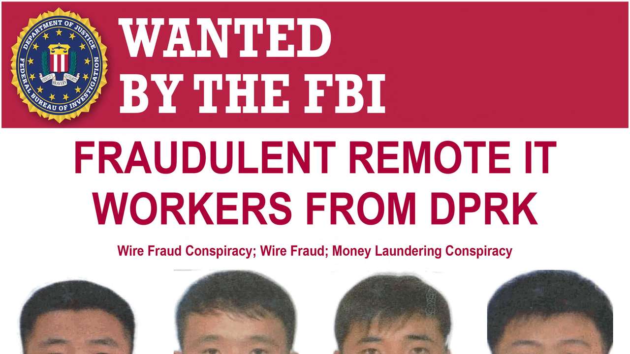 Four North Korean nationals who have been charged in a five-count wire fraud and money laundering indictment, are seen on an FBI wanted poster