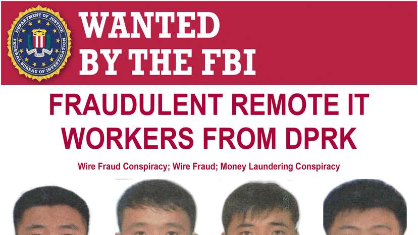 Four North Korean nationals who have been charged in a five-count wire fraud and money laundering indictment, are seen on an FBI wanted poster