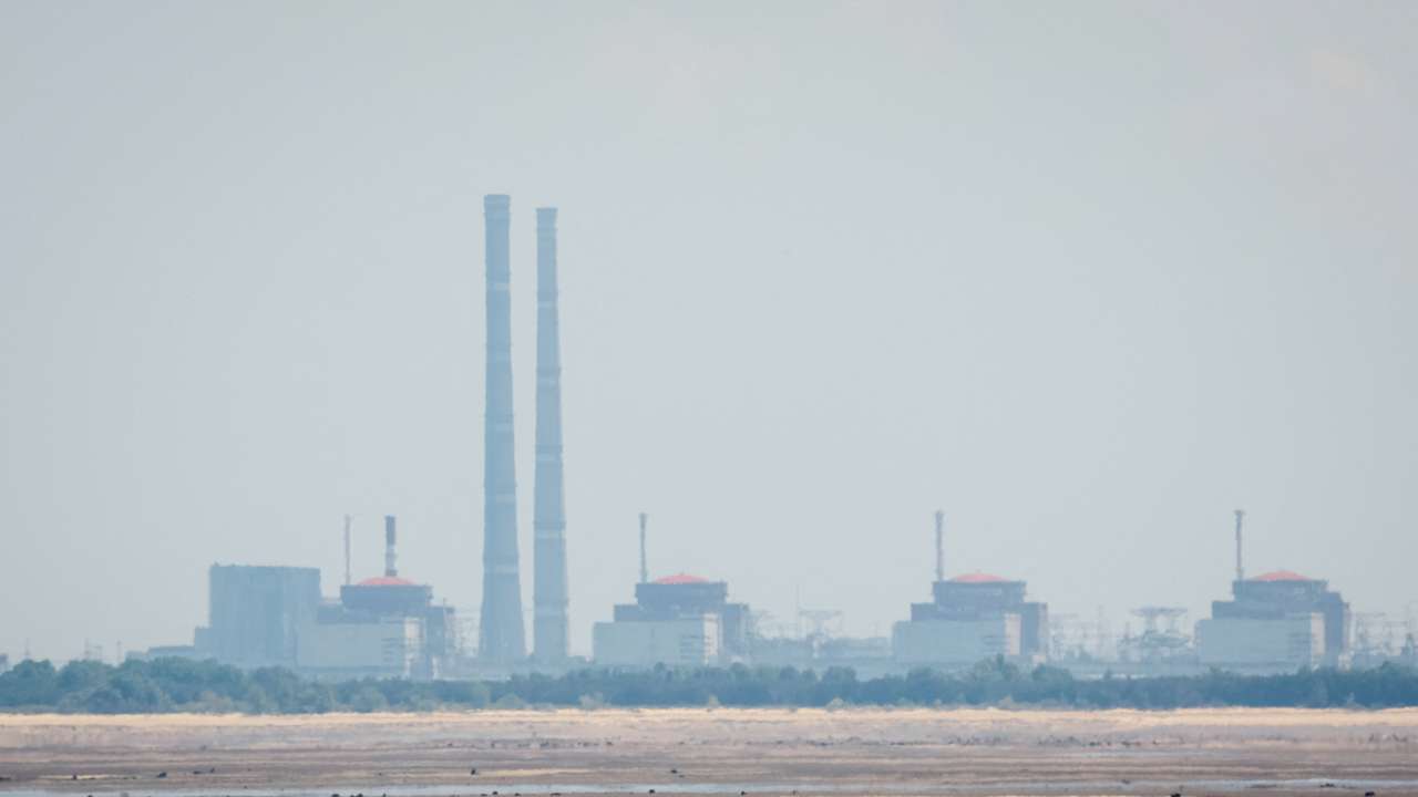 View shows Zaporizhzhia Nuclear Power Plant from the bank of Kakhovka Reservoir in Nikopol