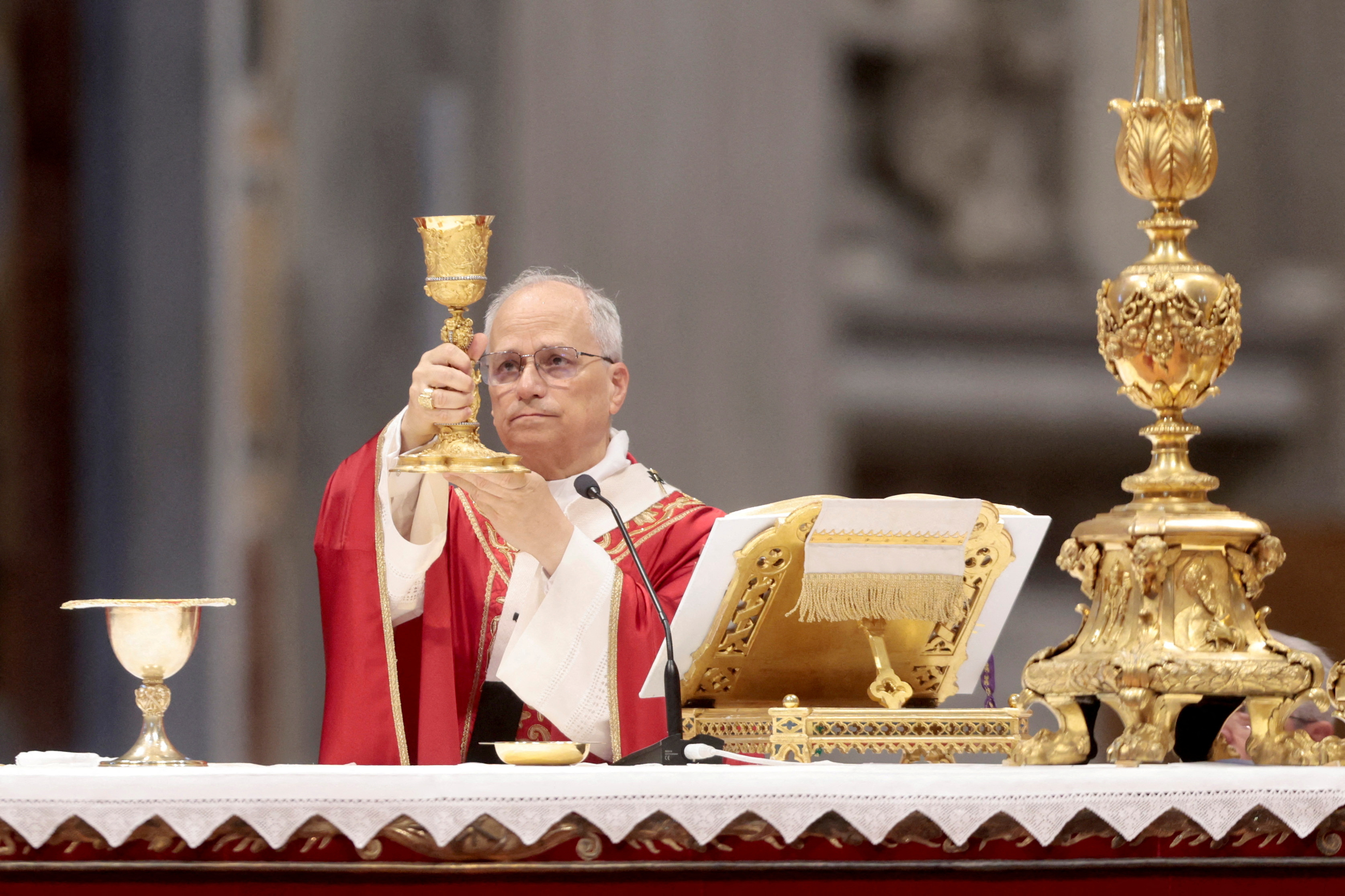 FILE PHOTO: Pope Leo XIV celebrates the Mass on the Solemnity of Saints Peter and Paul, Apostles in St Peter's Basilica, at the Vatican