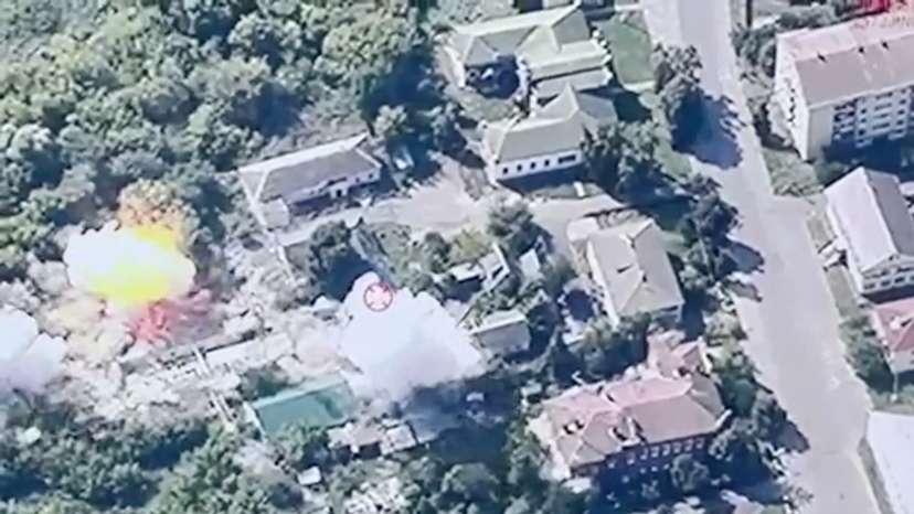 Smoke rises from explosions during a Ukrainian strike on Glushkovo