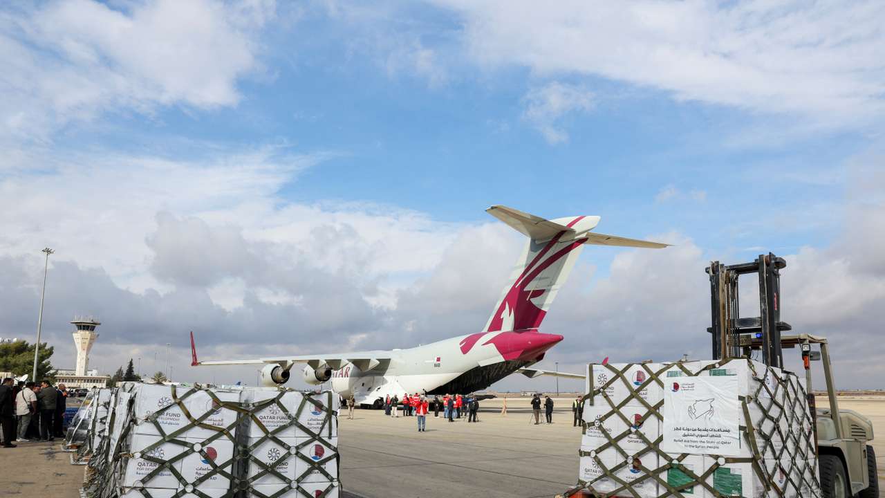A plane carrying aid from Qatar arrives at Damascus International Airport