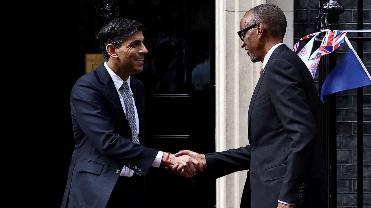 FILE PHOTO: British Prime Minister Rishi Sunak meets the Rwandan President Paul Kagame at Downing Street in London