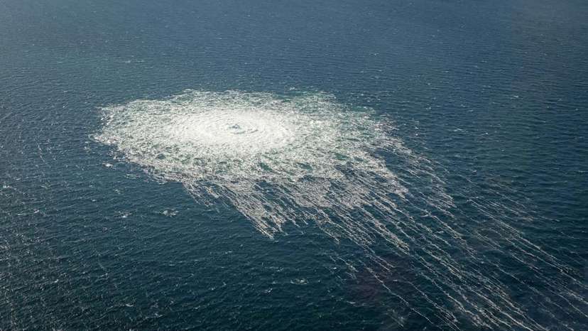 FILE PHOTO: Gas bubbles from the Nord Stream 2 leak reaching surface of the Baltic sea in the area shows disturbance of well over one kilometre diameter near Bornholm