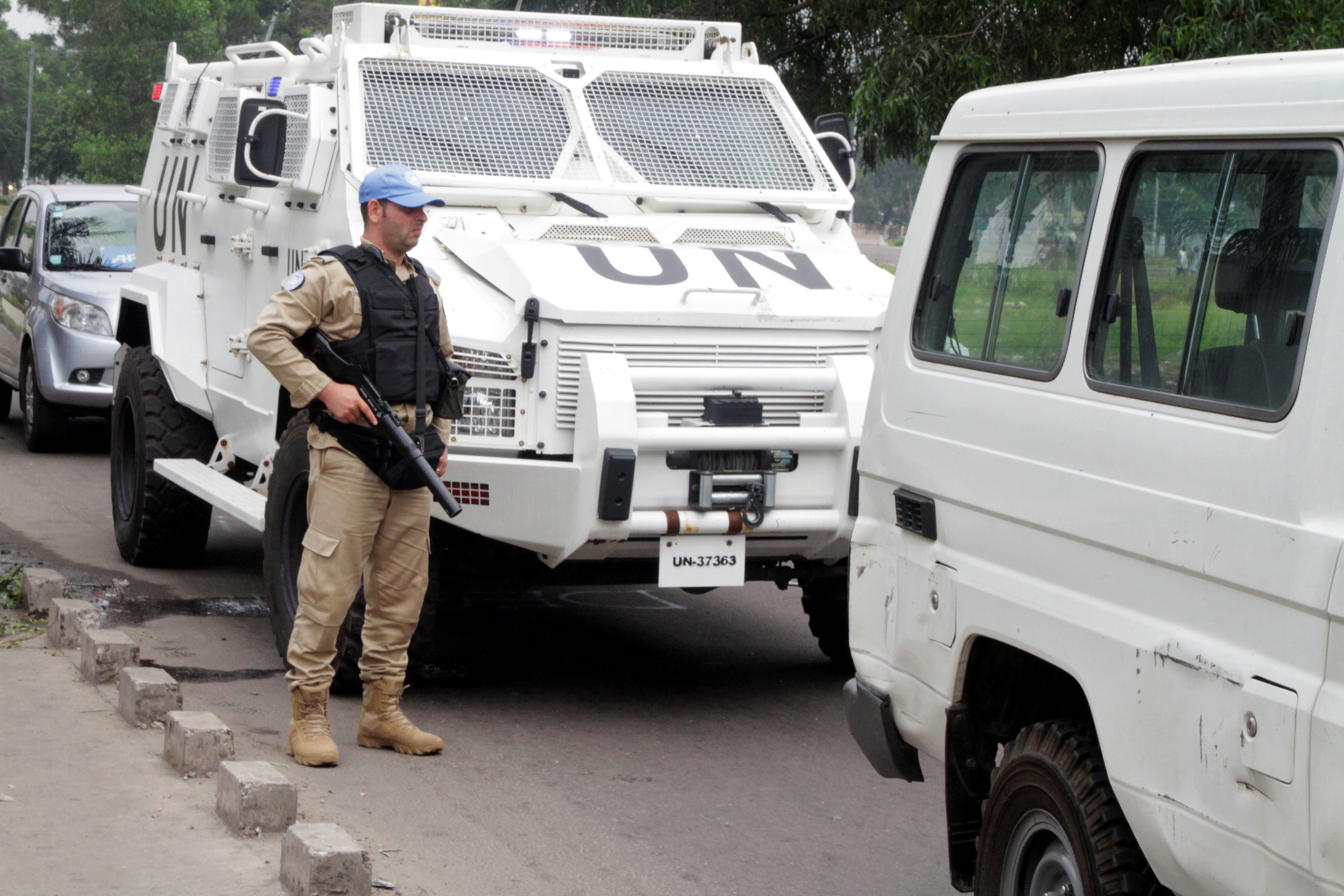 A U.N. peacekeeper patrols the streets during violent protests to press President Joseph Kabila to step down, in the Democratic Republic of Congo's capital Kinshasa