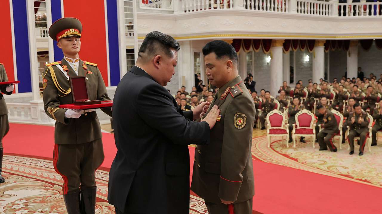 North Korean leader Kim Jong attends a national commendation ceremony at the headquarters of the Central Committee of the Korean Workers' Party, in Pyongyang