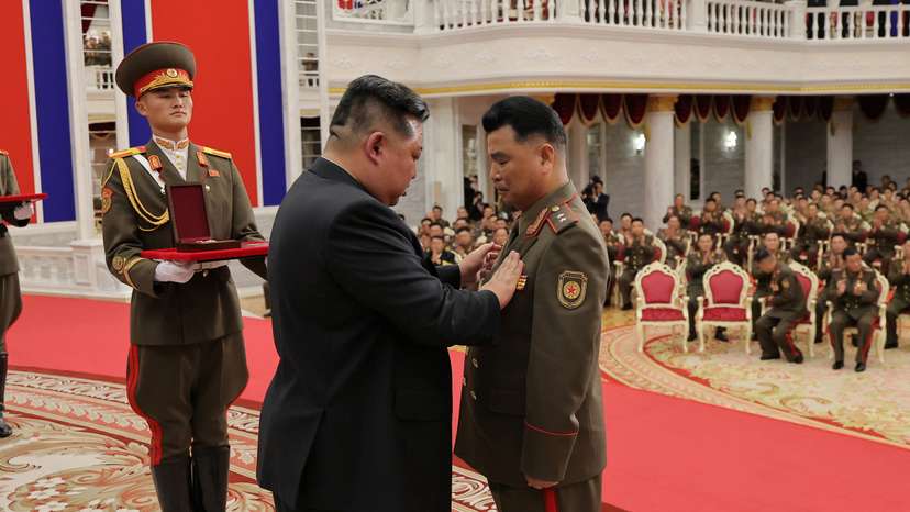 North Korean leader Kim Jong attends a national commendation ceremony at the headquarters of the Central Committee of the Korean Workers' Party, in Pyongyang
