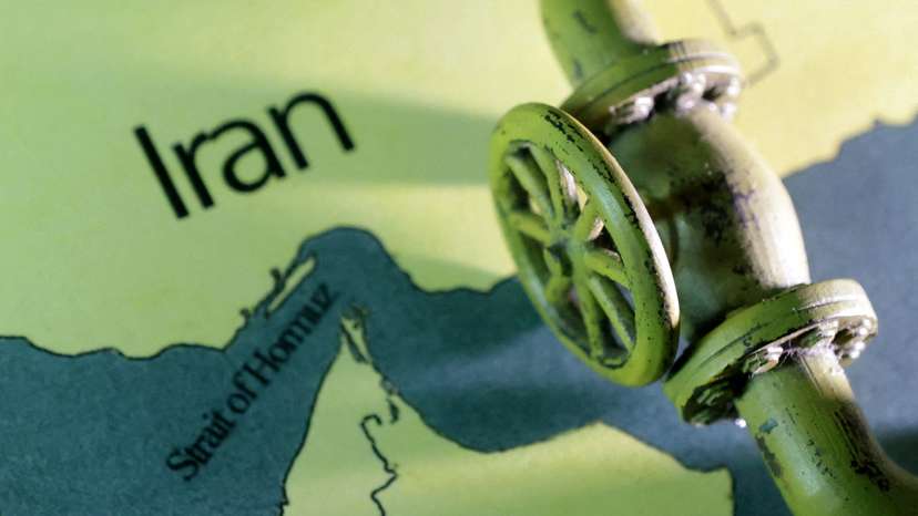 Illustration shows map showing the Strait of Hormuz, Iran and 3D printed oil pipeline