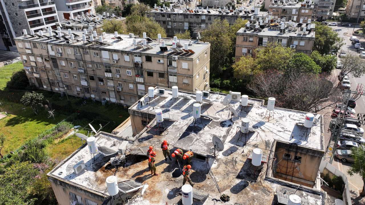 A drone view of site of an Iranian missile strike, amid the U.S.-Israel conflict with Iran, in Petah Tikva
