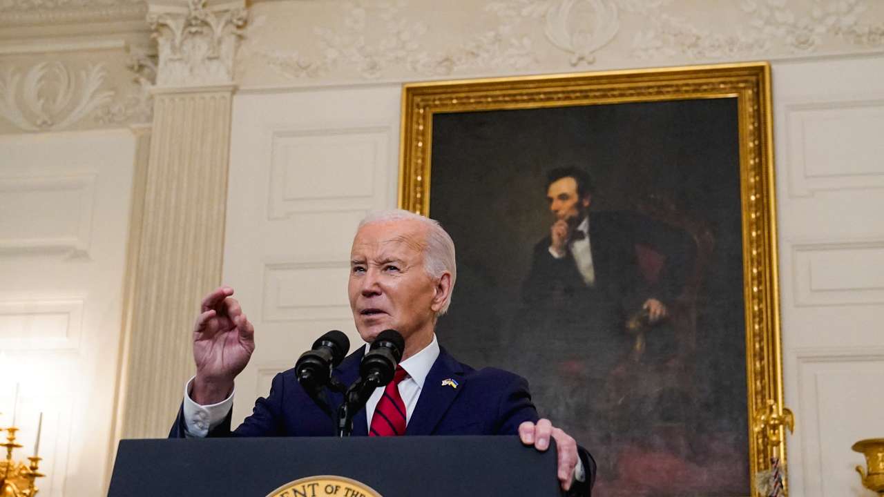 U.S. President Biden speaks after signing into law a bill providing new aid to Ukraine for its war with Russia in Washington