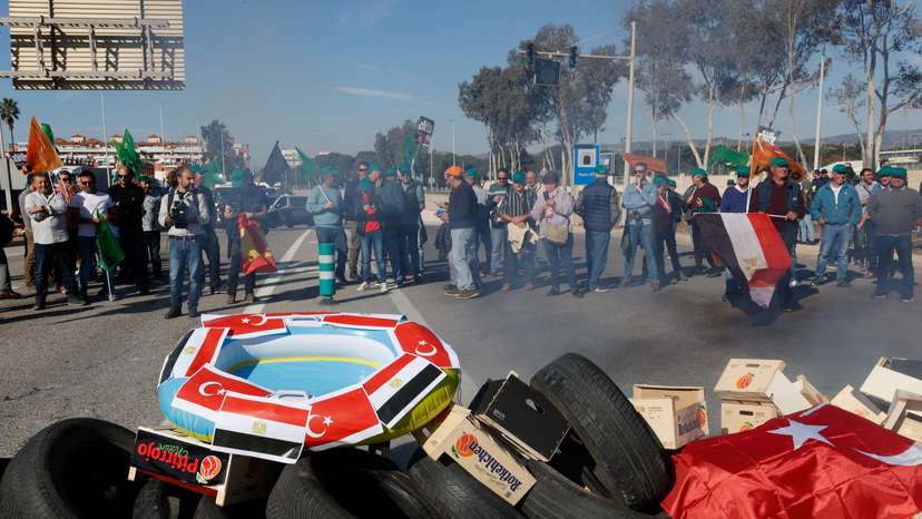 Spanish farmers block access to the Castellon port during a protest