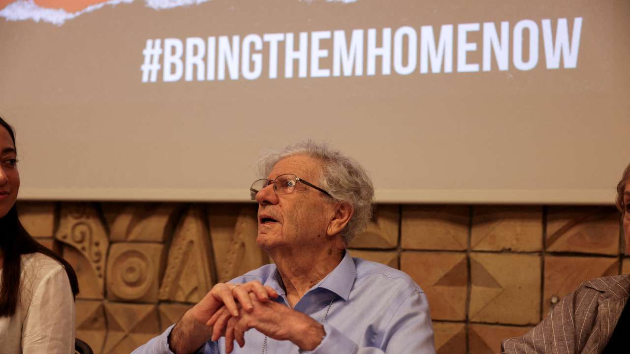 Former Israeli Supreme Court President, Aharon Barak accuses Hamas of crimes against humanity and calls for the international community to take action during a press conference in Tel Aviv