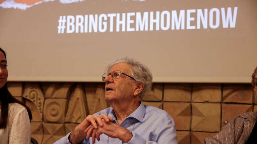 Former Israeli Supreme Court President, Aharon Barak accuses Hamas of crimes against humanity and calls for the international community to take action during a press conference in Tel Aviv