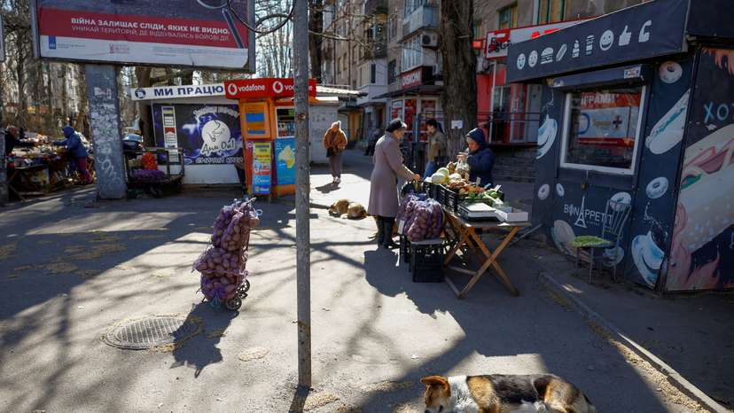 A dog rests on asphalt at a street market in Kherson