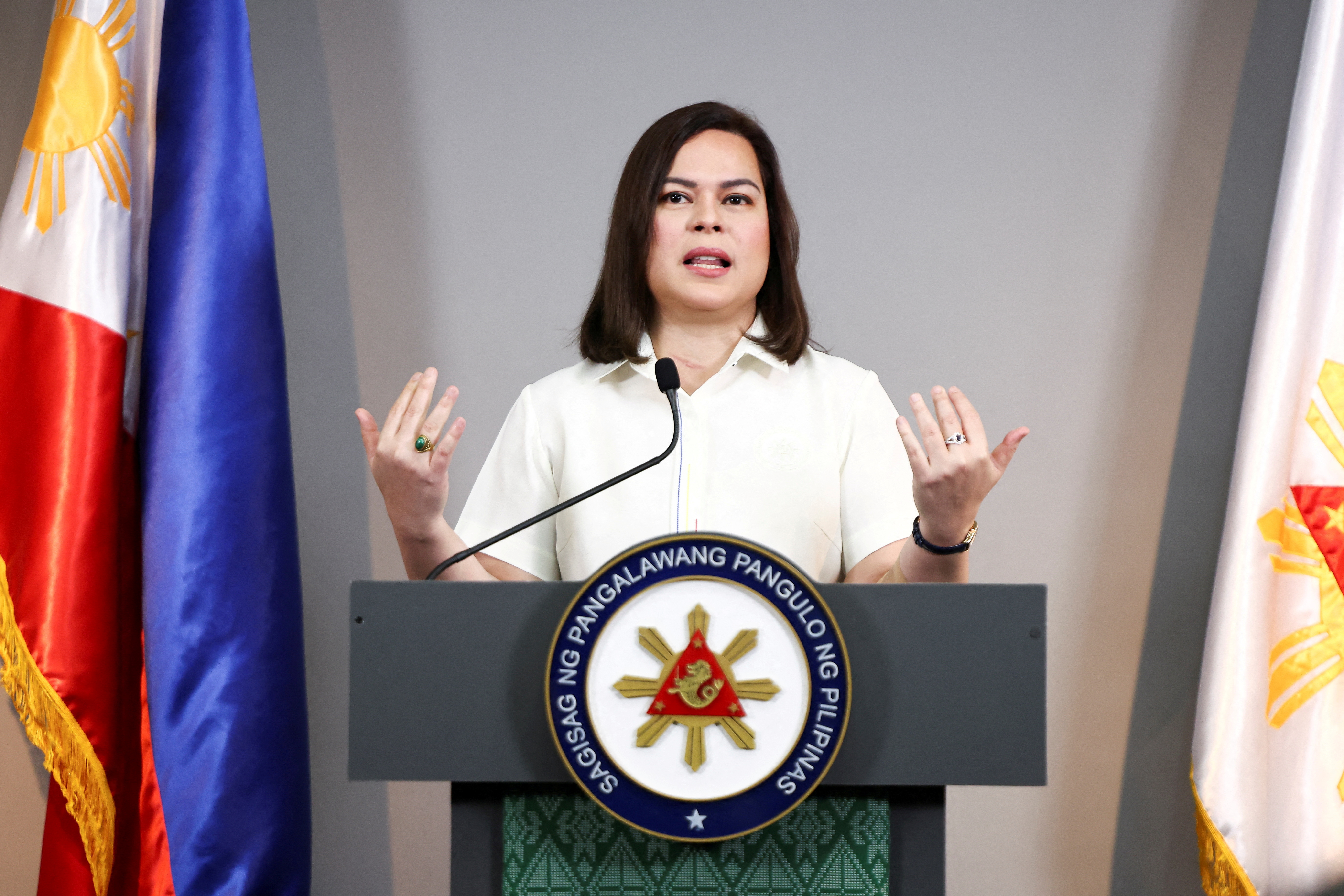 FILE PHOTO: Philippine Vice President Sara Duterte delivers a statement following her impeachment by the lower house of the Congress