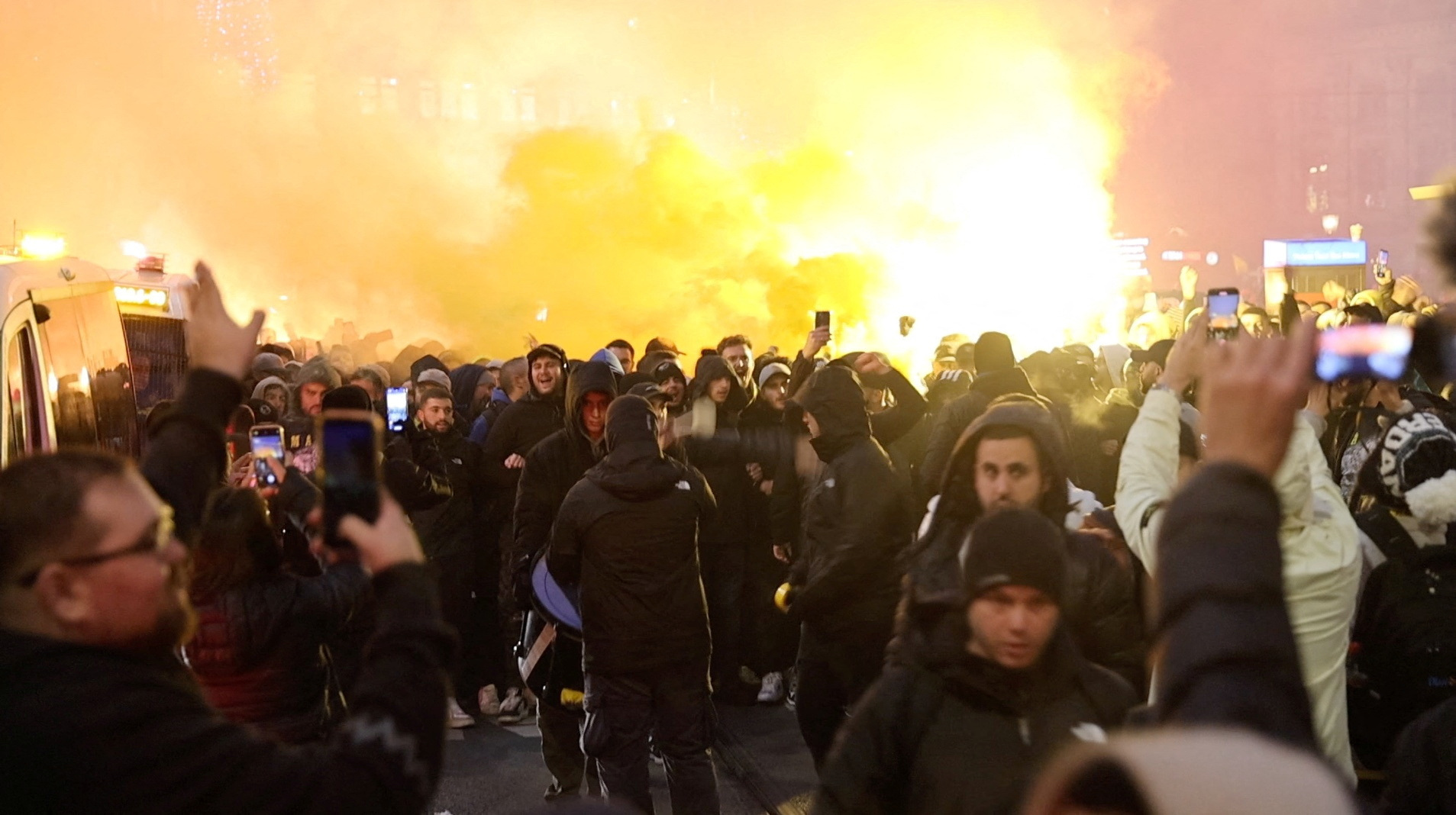 Israeli Maccabi Tel Aviv supporters demonstrate and light flares in Amsterdam