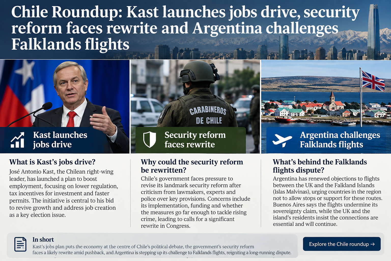 Chile Roundup: Kast launches jobs drive, security reform faces rewrite and Argentina challenges Falklands flights