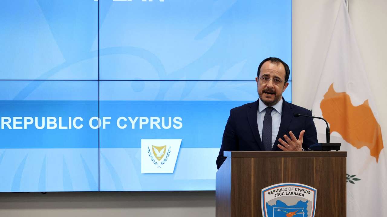 Cyprus President Nikos Christodoulides speaks during a press conference with European Parliament President Roberta Metsola at the Zenon Joint Rescue Coordination Center in Larnaca