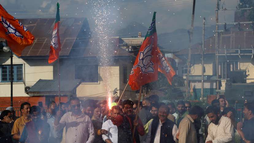 Supporters of Bharatiya Janata Party light fireworks to celebrate on the day of the general election results, in Srinagar