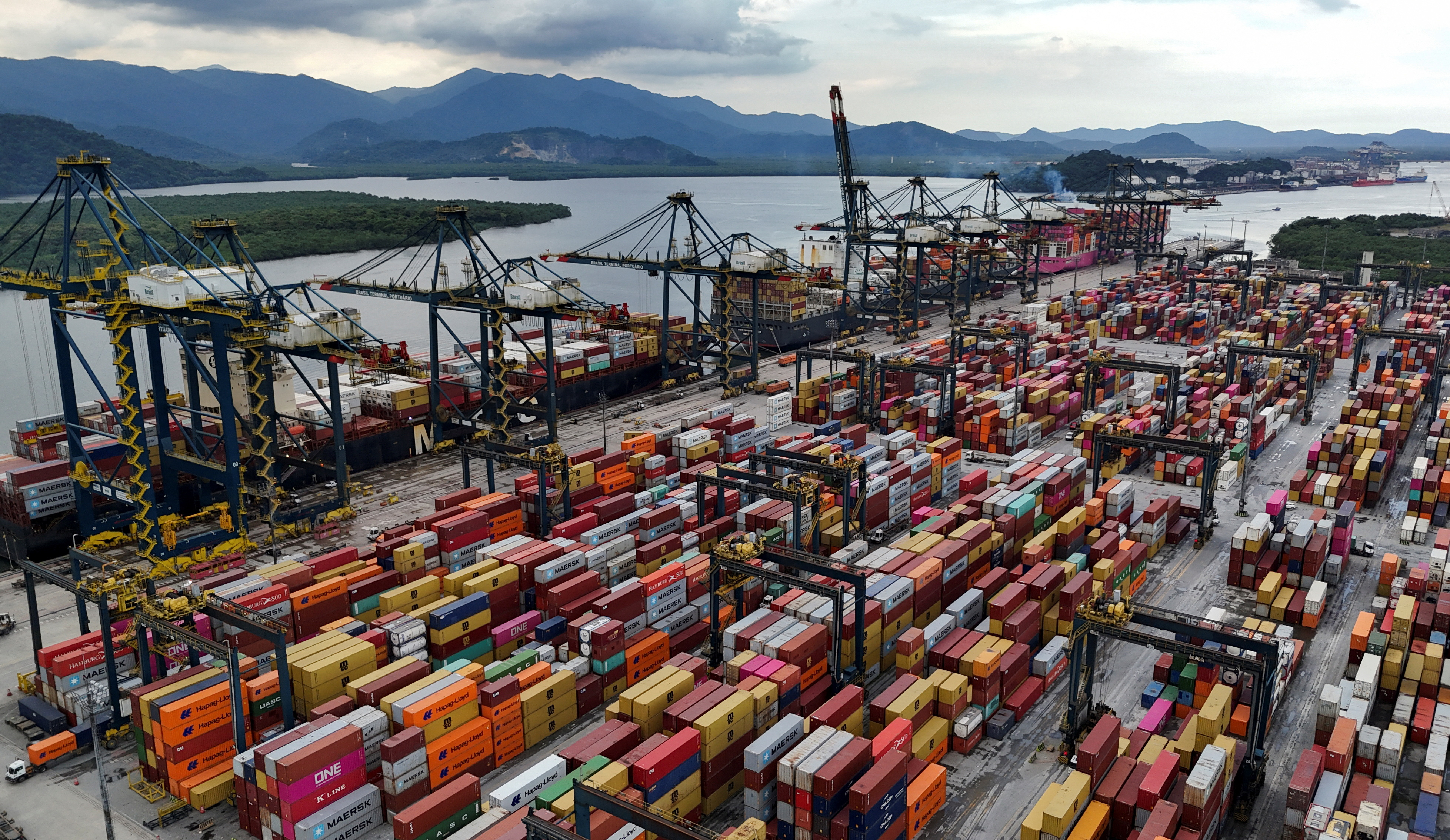 A drone view shows ships and containers at the Port of Santos, in Santos