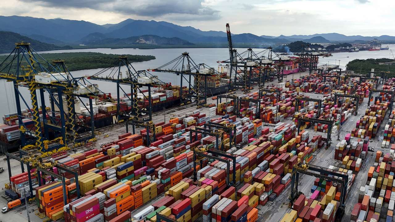 A drone view shows ships and containers at the Port of Santos, in Santos
