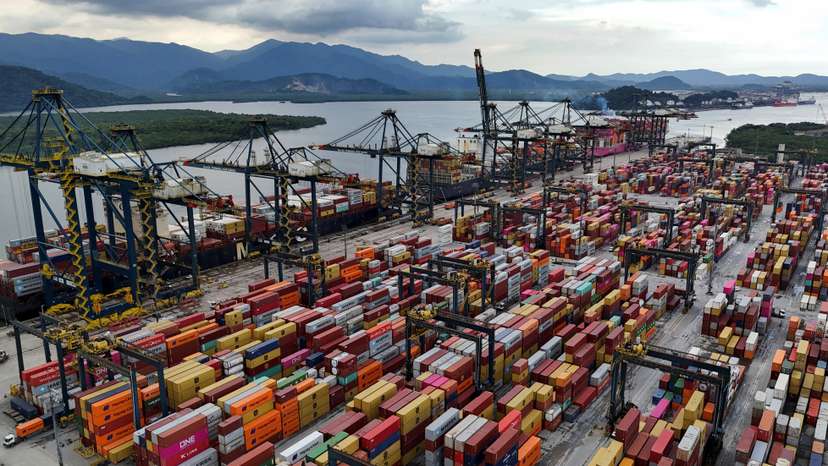 A drone view shows ships and containers at the Port of Santos, in Santos