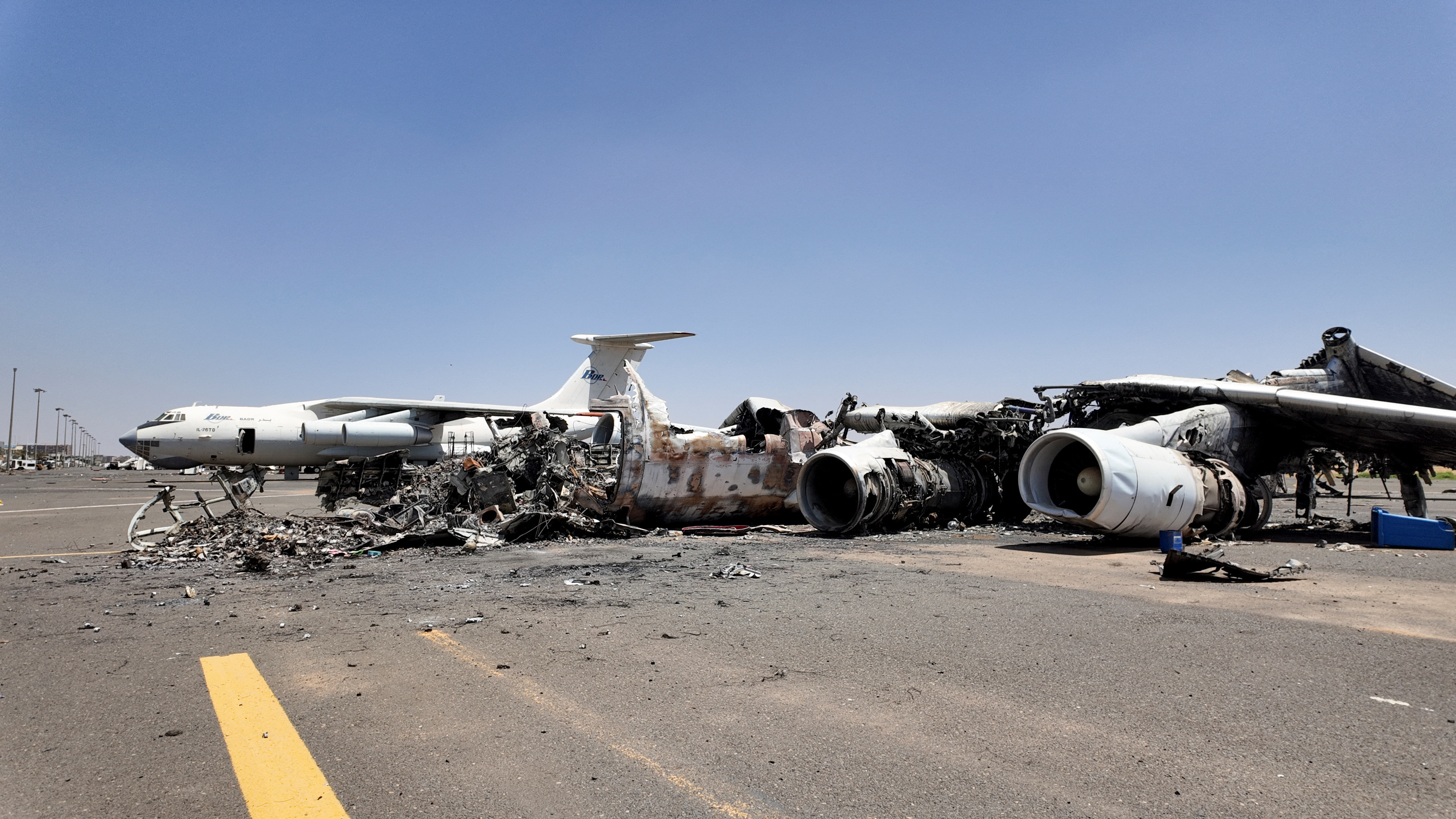 A general view of destroy planes' wreckages on tarmac at Khartoum Airport