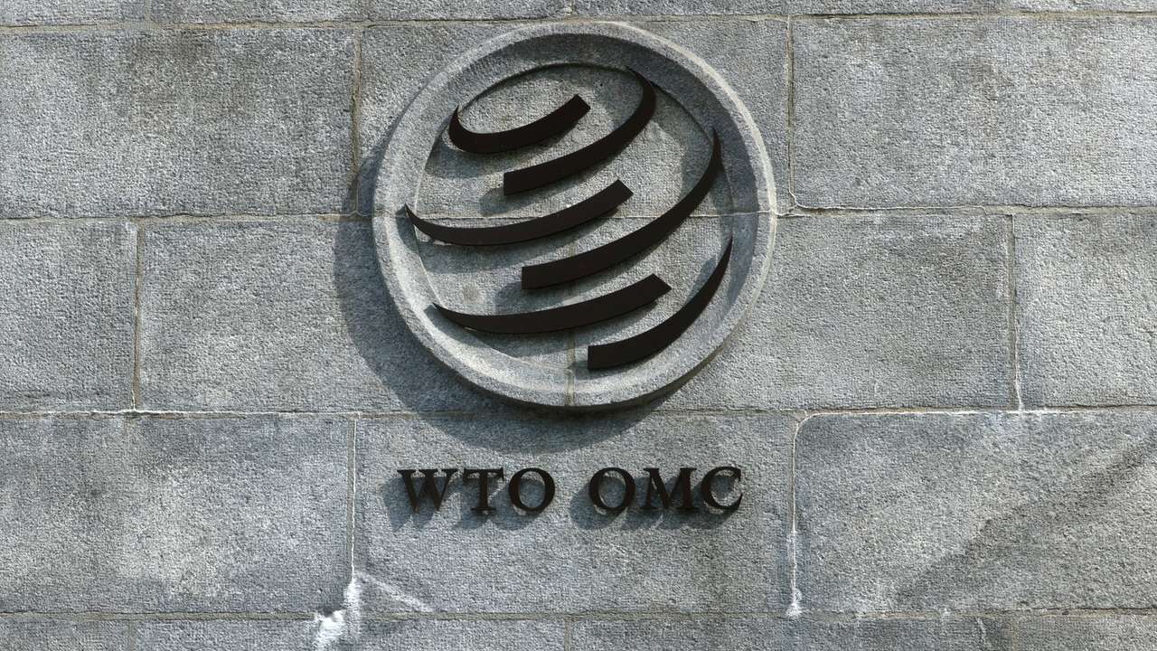 A logo is pictured outside the World Trade Organisation (WTO) in Geneva