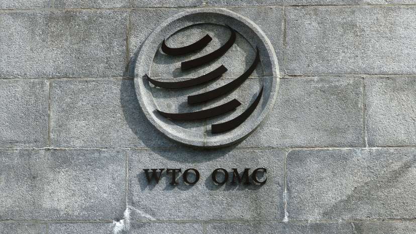 A logo is pictured outside the World Trade Organisation (WTO) in Geneva