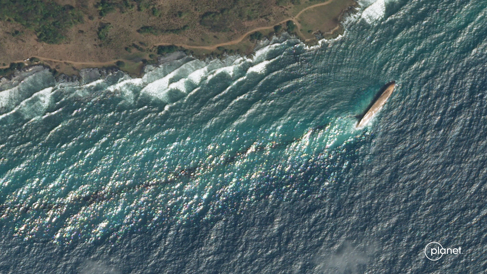 A satellite image shows an oil spill in Trinidad and Tobago