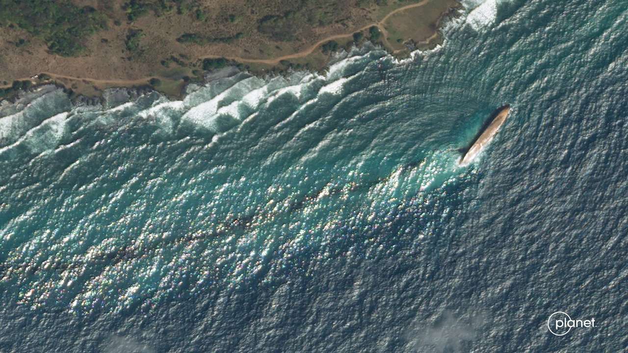 A satellite image shows an oil spill in Trinidad and Tobago