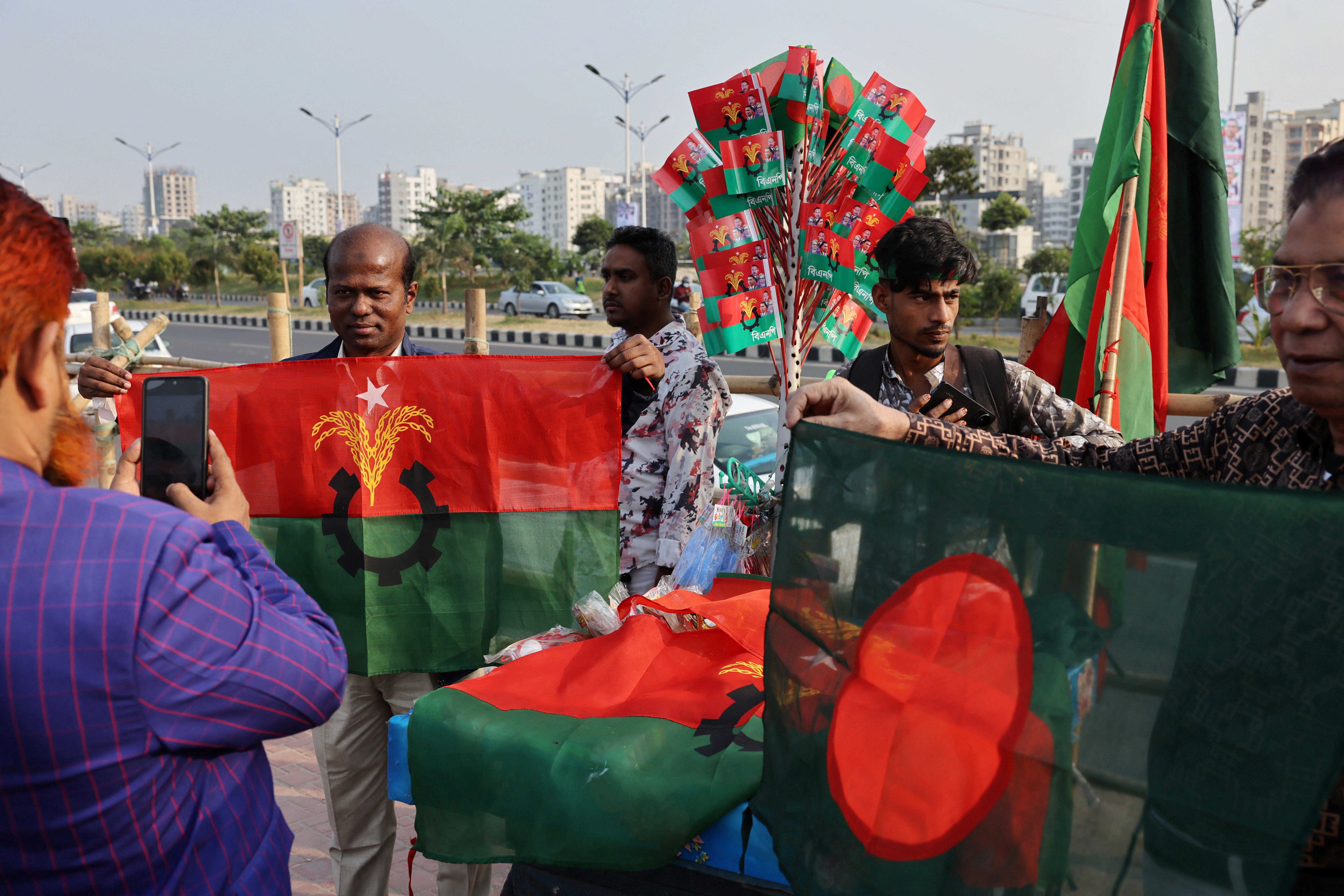 BNP supporters preparing to welcome Tarique Rahman, in Dhaka