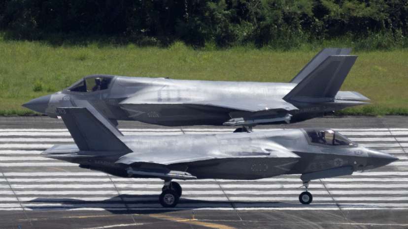 Two U.S. Marine Corps F-35 fighter jets taxi on the tarmac at the former Roosevelt Roads military base in Ceiba.