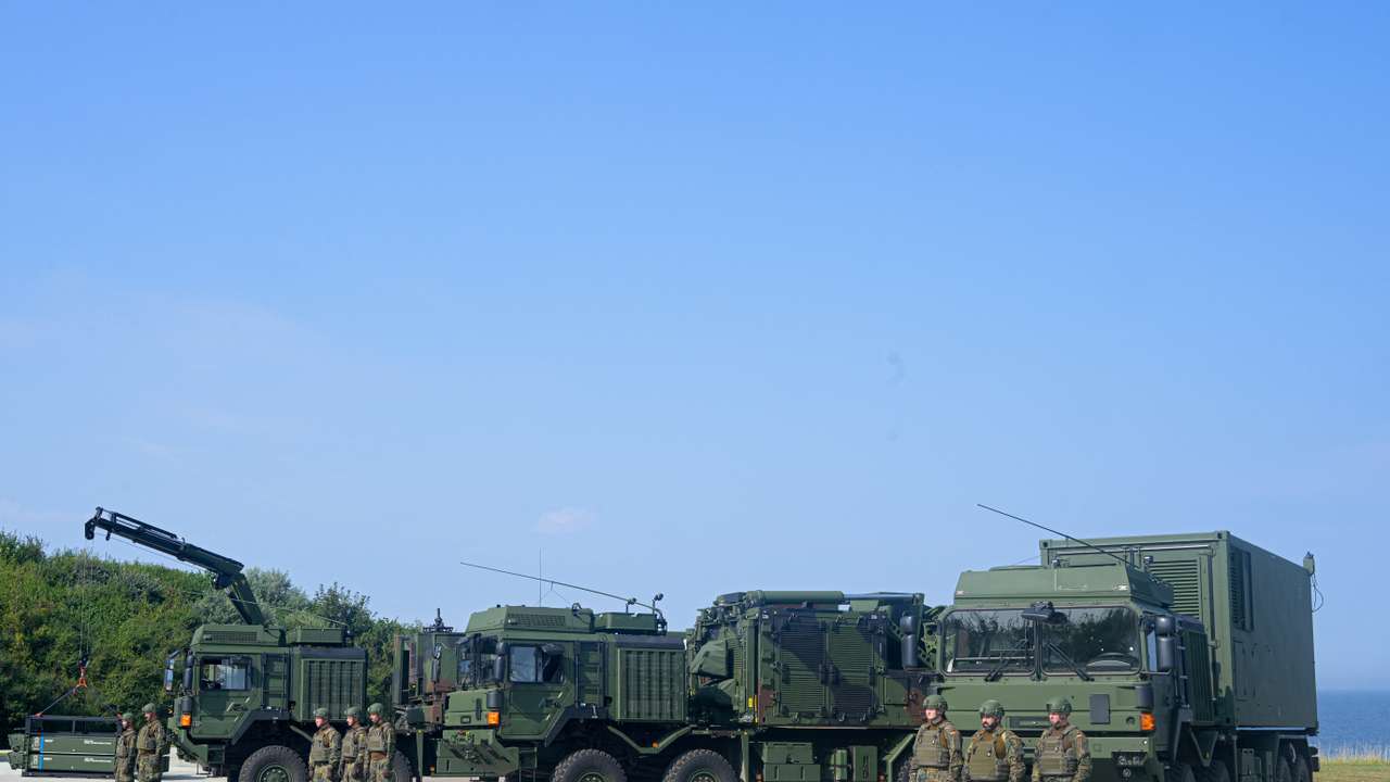 German Chancellor Scholz and Defence Minister Pistorius take part in the commissioning of the IRIS-T SLM air defence system in Panker