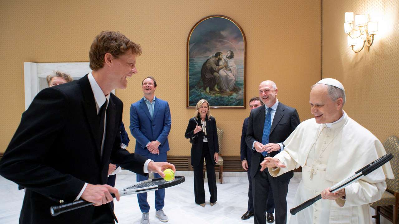 Italian tennis player Jannik Sinner meets Pope Leo XIV during a private audience at the Vatican