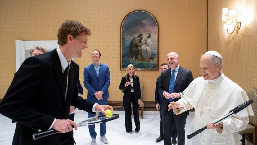 Italian tennis player Jannik Sinner meets Pope Leo XIV during a private audience at the Vatican