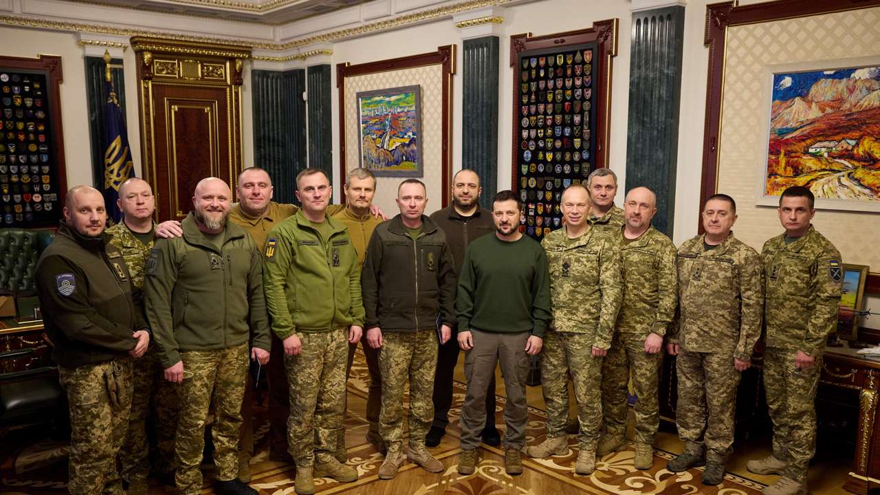 Ukraine's President Zelenskiy attends a meeting with newly appointed top military commanders in Kyiv
