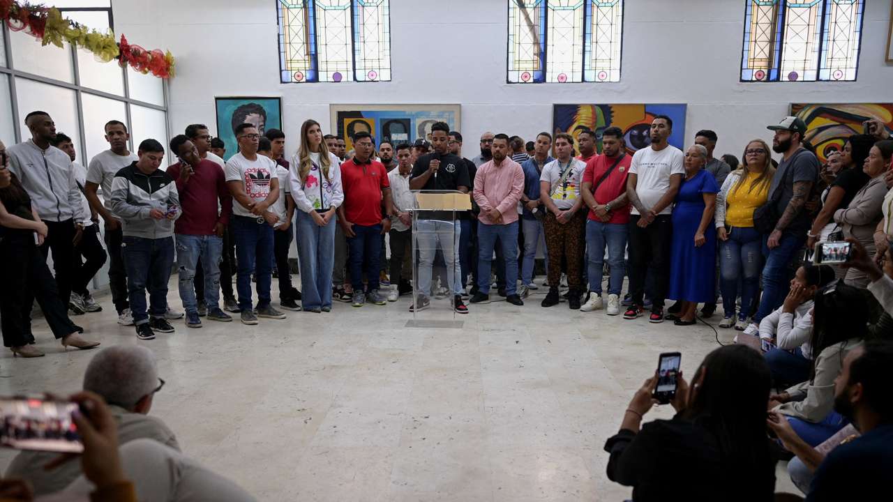 Venezuelans who where imprisoned in El Salvador's CECOT mega-prison give statements to the press, in Caracas