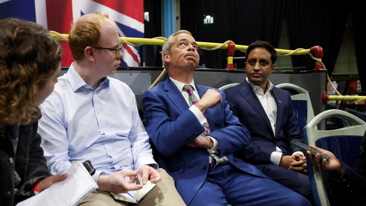 Britain's Reform UK Party Leader Nigel Farage holds a rally at the NEC in Birmingham