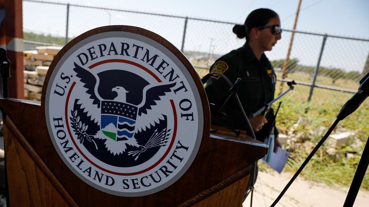 The seal of the U.S. Department of Homeland Security is seen after a news conference near the International Bridge between Mexico and the U.S., as U.S. authorities accelerate removal of migrants at border with Mexico, in Del Rio