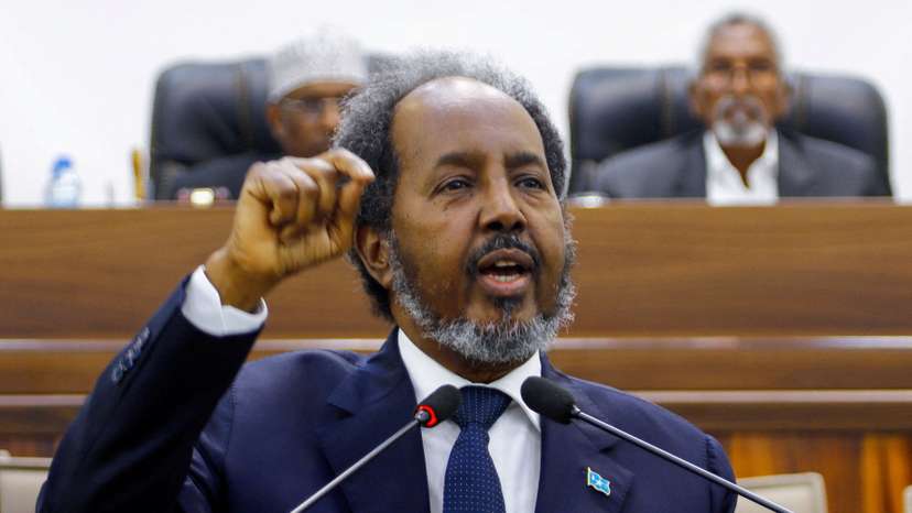 FILE PHOTO: Somalia's President Hassan Sheikh Mohamud addresses the parliament regarding the Ethiopia-Somaliland port deal, in Mogadishu
